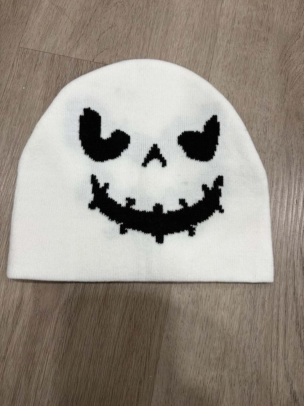 White Halloween Pumpkin Face Knitted Beanie Hat